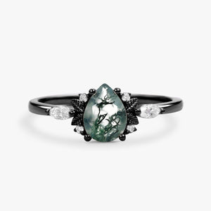 Susan Unique Leafy Pear Shaped Moss Agate Engagement Fairy Ring.