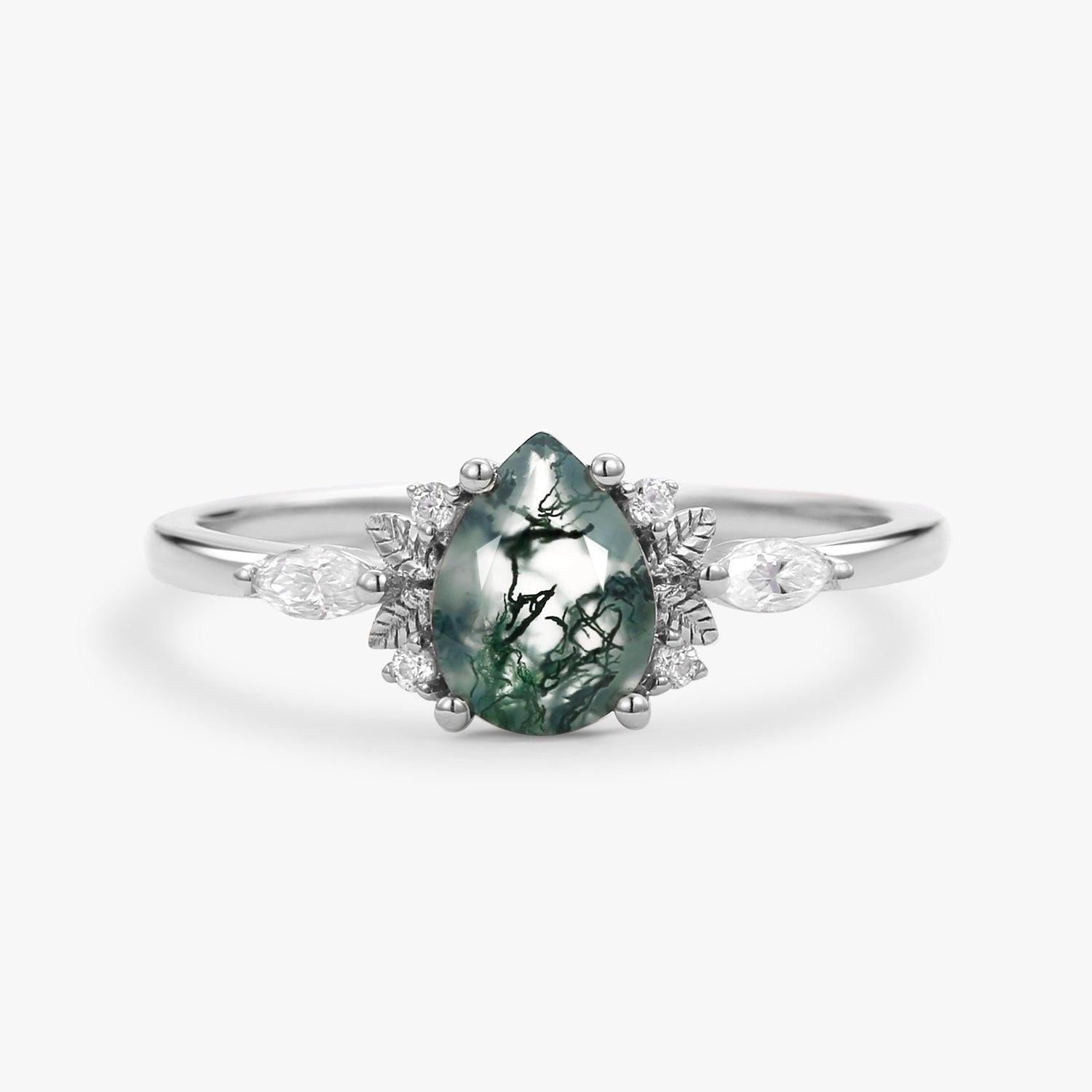 Susan Unique Leafy Pear Shaped Moss Agate Engagement Fairy Ring.