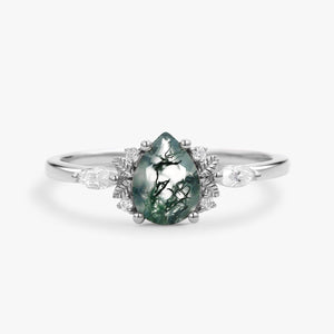 Susan Unique Leafy Pear Shaped Moss Agate Engagement Fairy Ring.