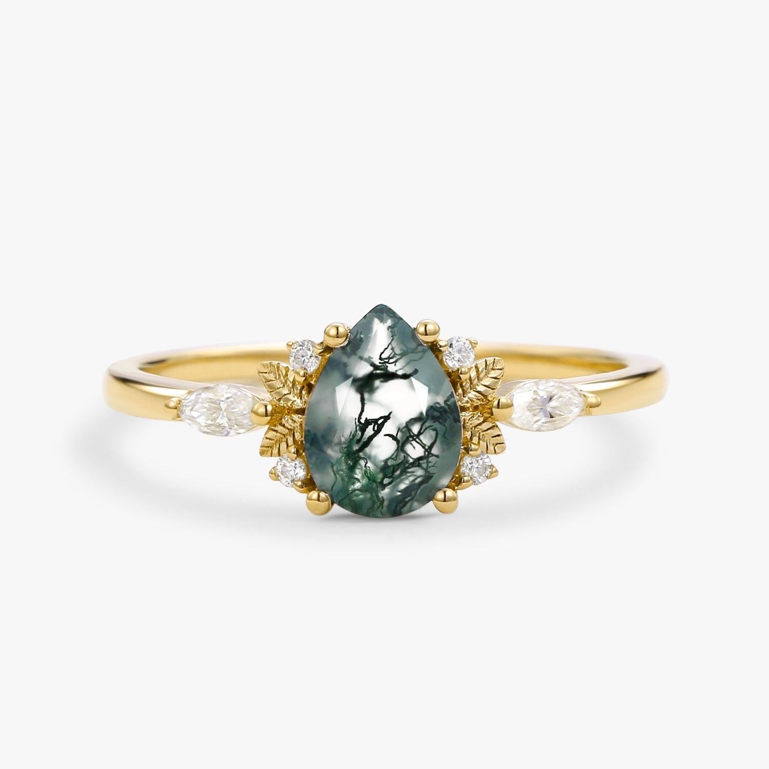 Susan Unique Leafy Pear Shaped Moss Agate Engagement Fairy Ring.