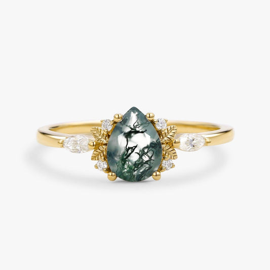 Susan Unique Leafy Pear Shaped Moss Agate Engagement Fairy Ring.