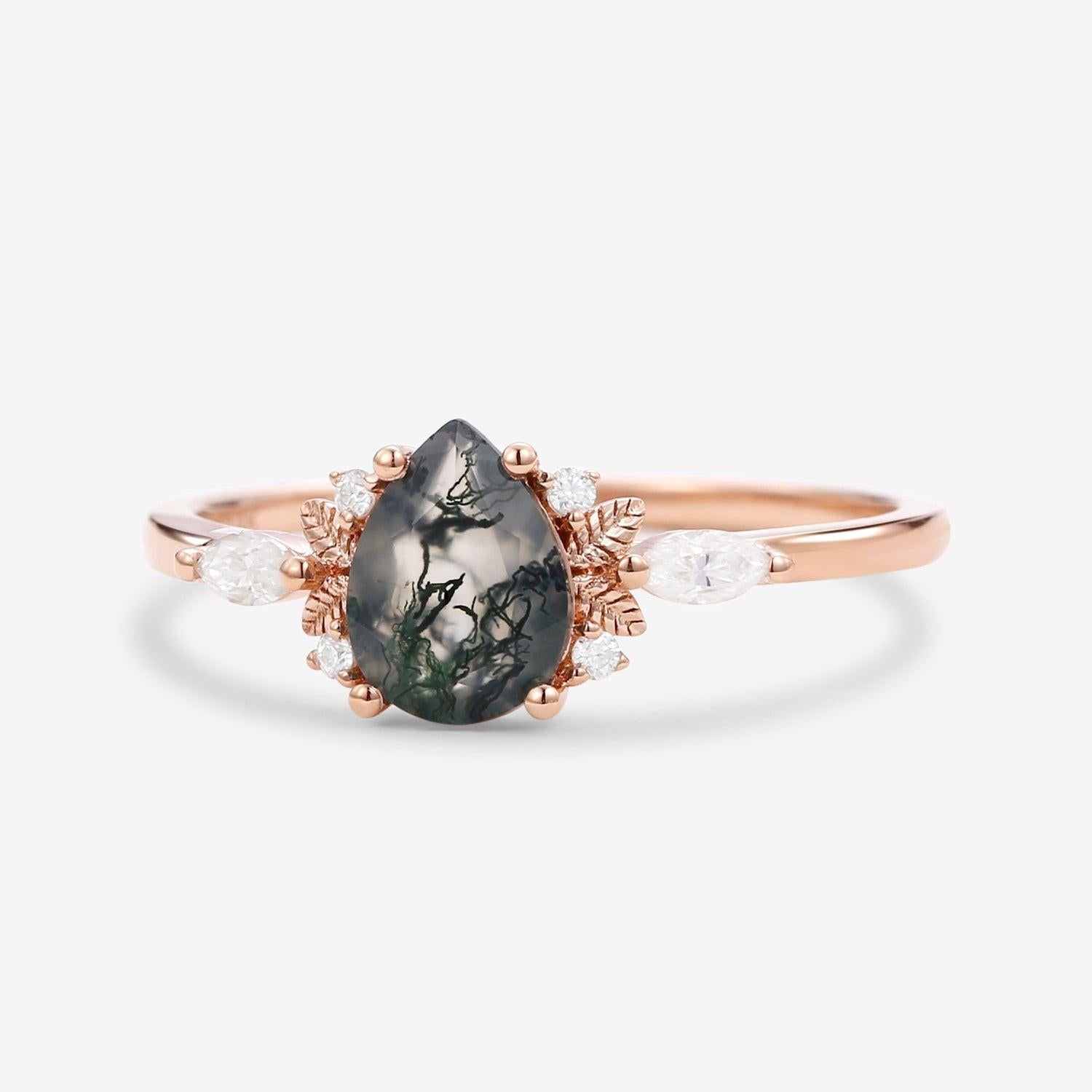 Susan Unique Leafy Pear Shaped Moss Agate Engagement Fairy Ring.