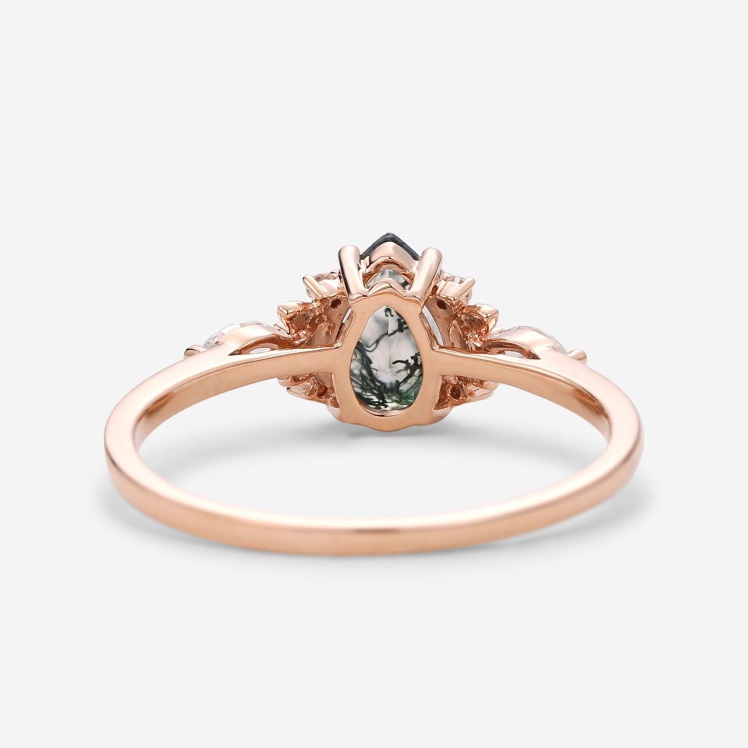 Susan Unique Leafy Pear Shaped Moss Agate Engagement Fairy Ring.