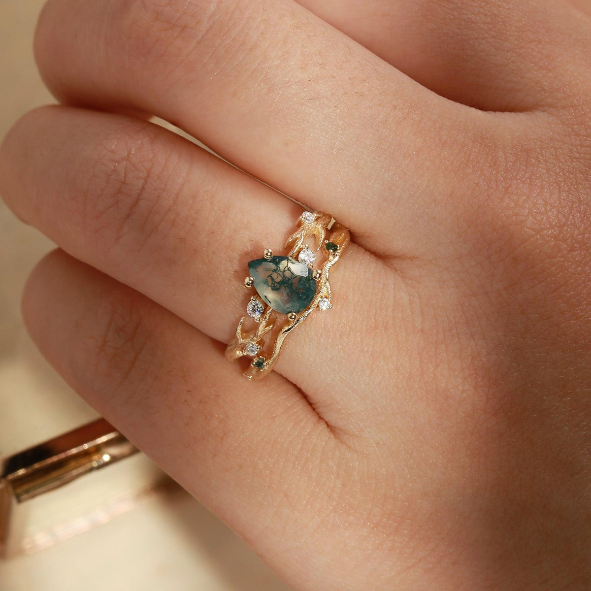Camellia Pear Cut Moss Agate Branch Leafy Bridal Set 2pcs.