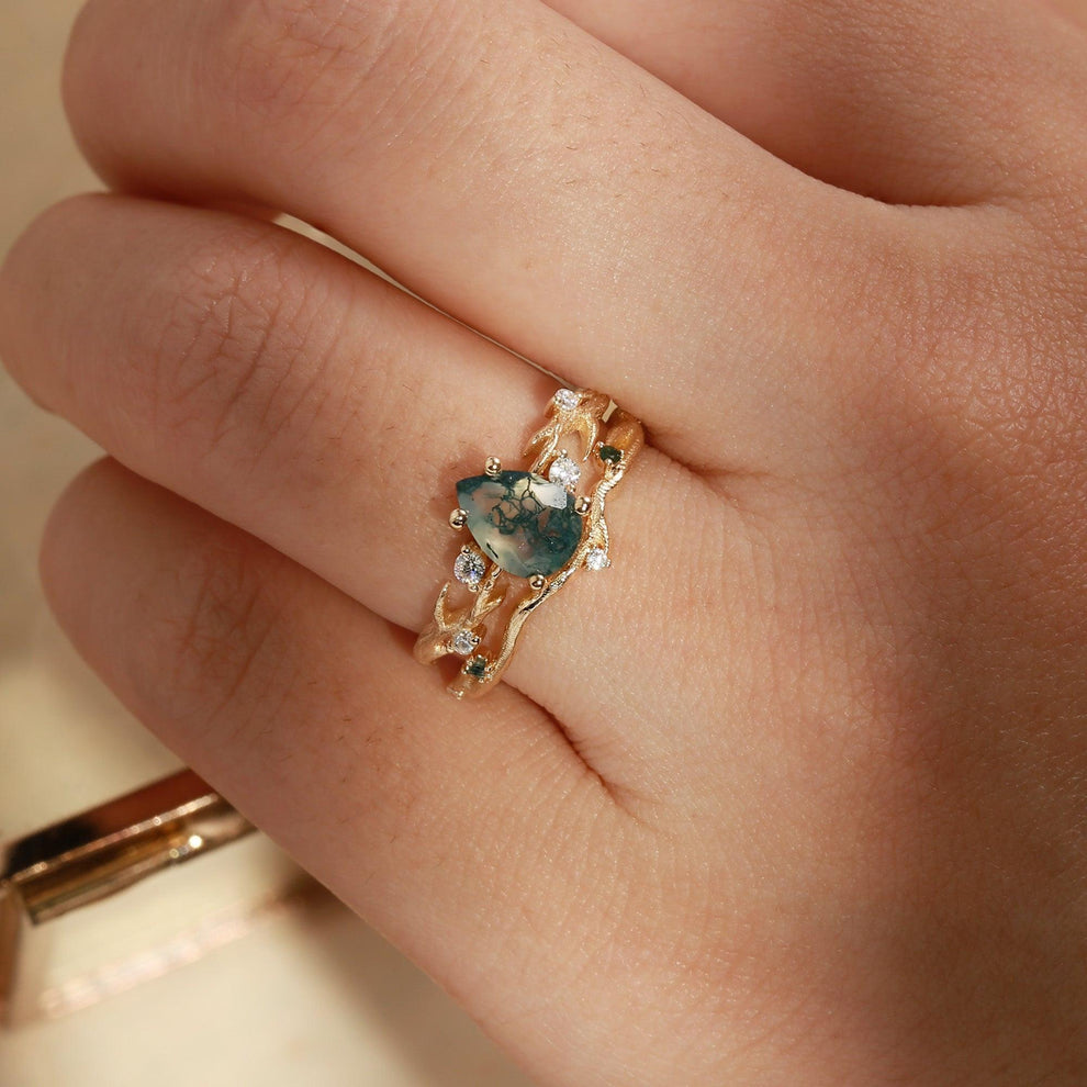 Camellia Pear Cut Moss Agate Branch Leafy Bridal Set 2pcs.