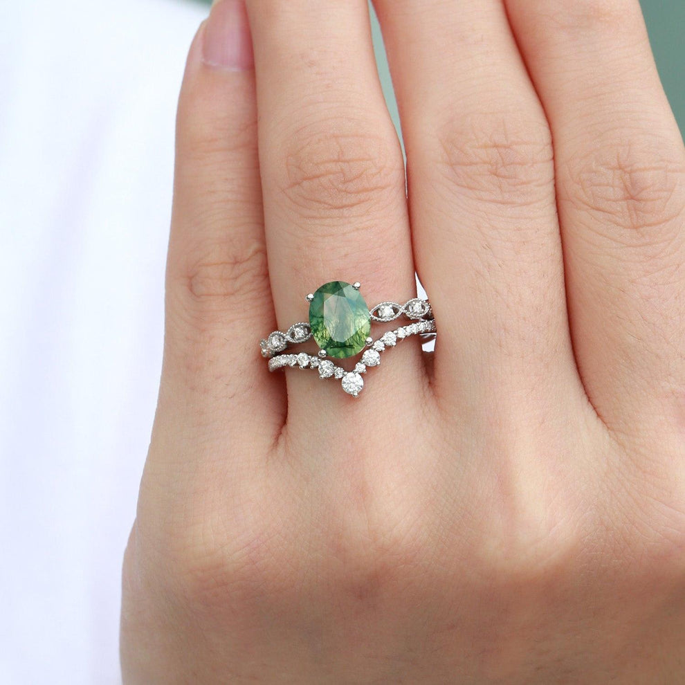 Unique Oval Moss Agate Signature Vintage Ring Set 2pcs.