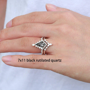 Unique Moss Agate Kite Shape Engagement Ring Sets 2pcs.