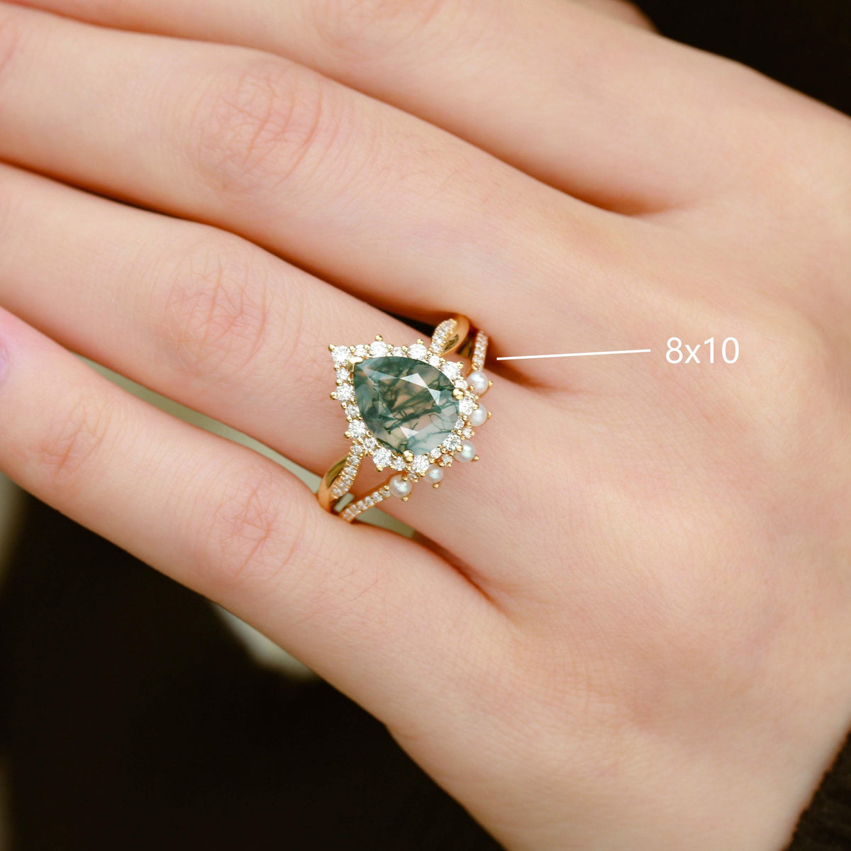 Pear Shaped Moss Agate Pearl Ring Set 2pcs.