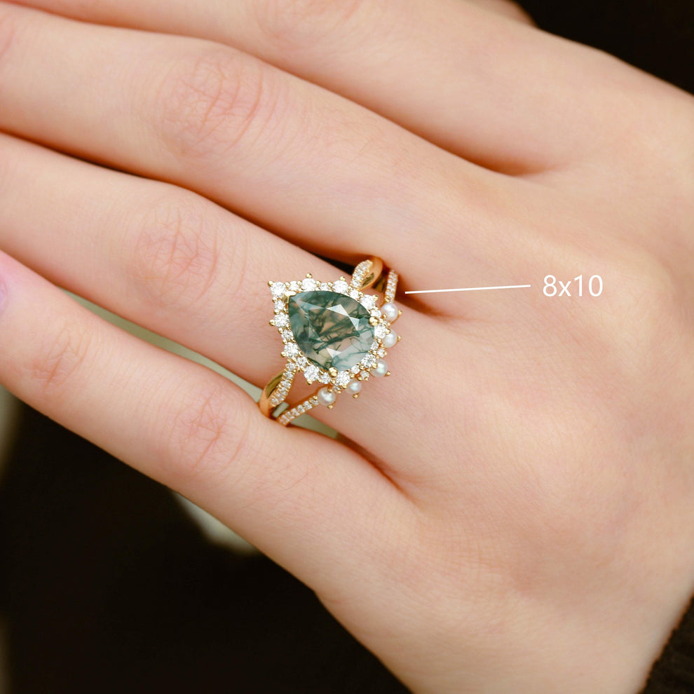 Pear Shaped Moss Agate Pearl Ring Set 2pcs.