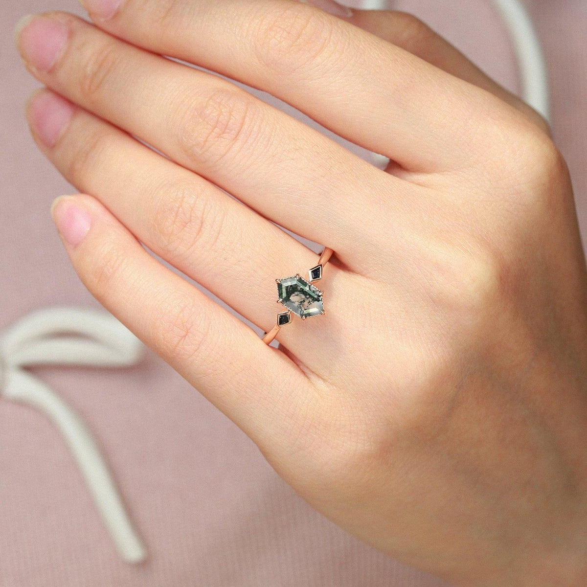 Three Stone Hexagon Moss Agate & Kite Blue Sandstone Engagement Ring.