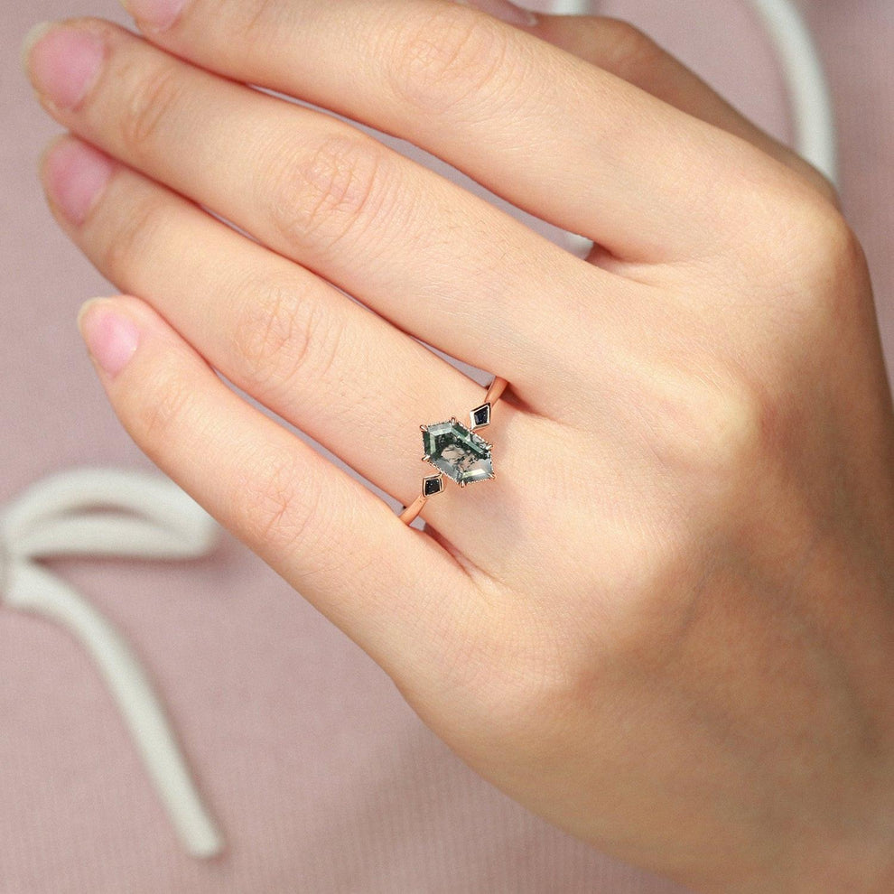 Three Stone Hexagon Moss Agate & Kite Blue Sandstone Engagement Ring.