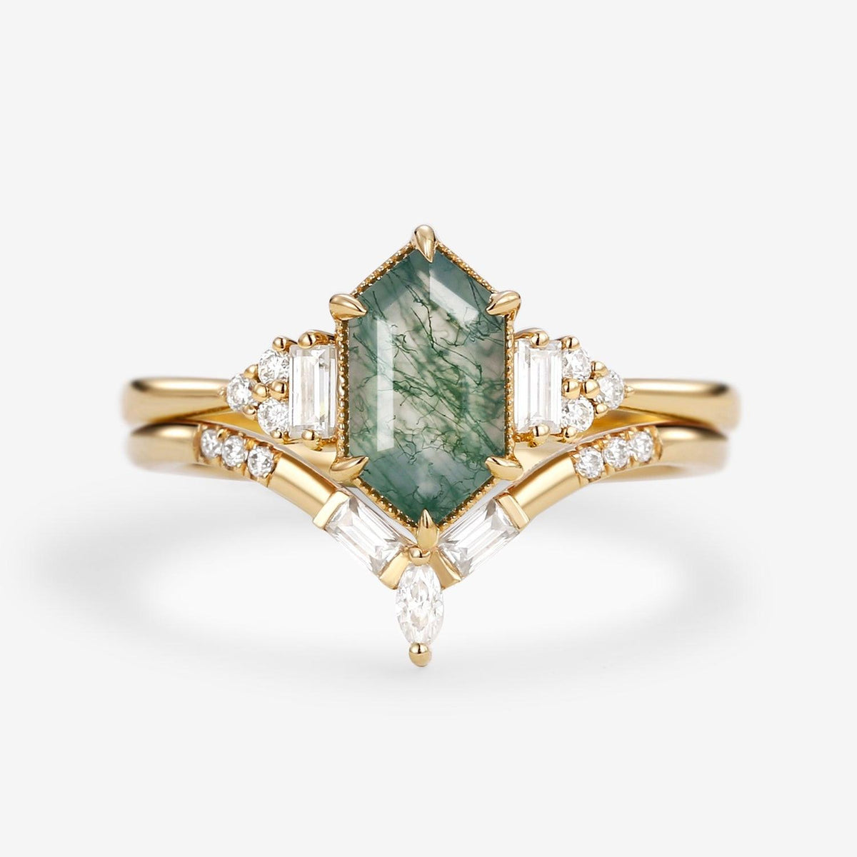 Long Hexagon Moss Agate Baguette Engagement Ring Set 2pcs.