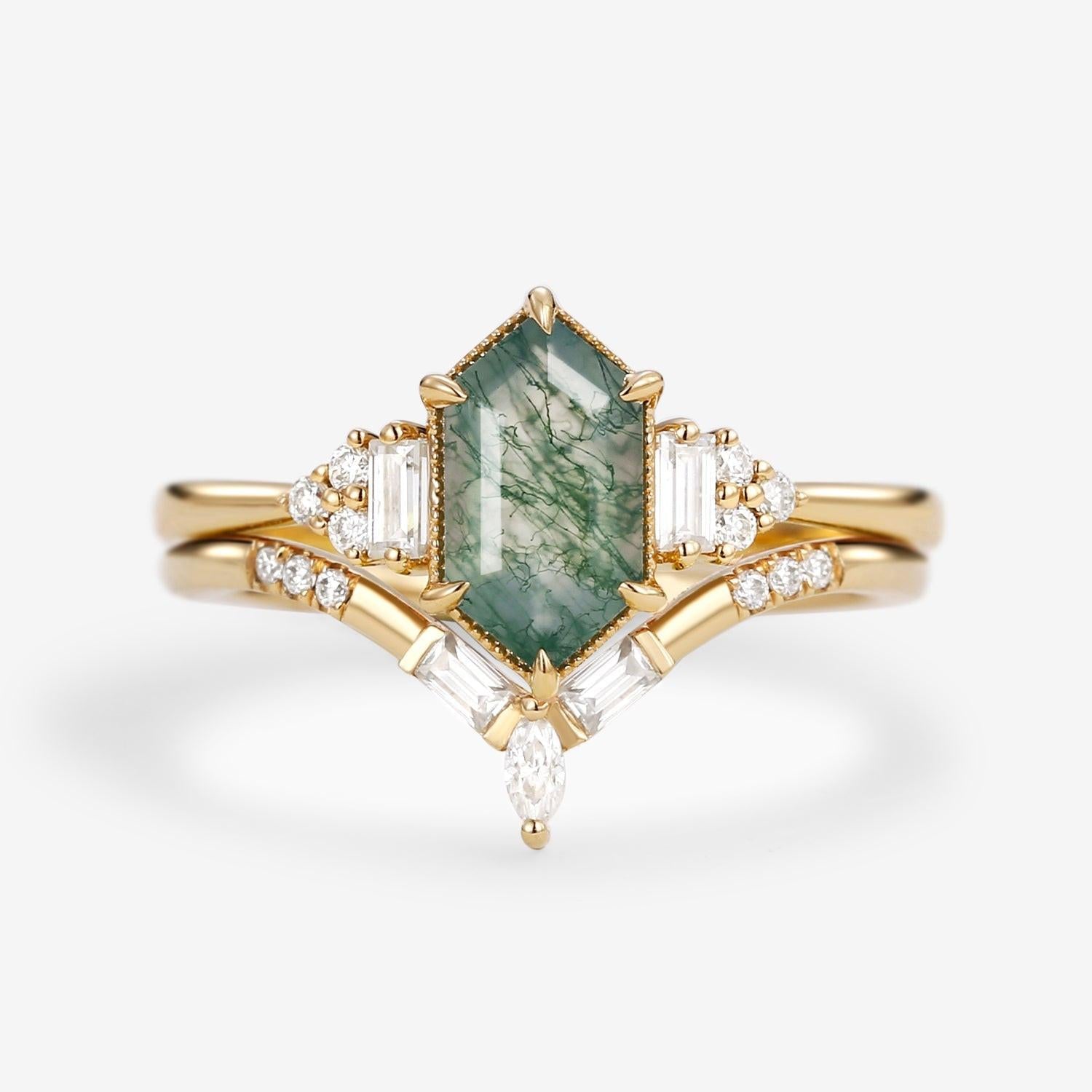 Long Hexagon Moss Agate Baguette Engagement Ring Set 2pcs.