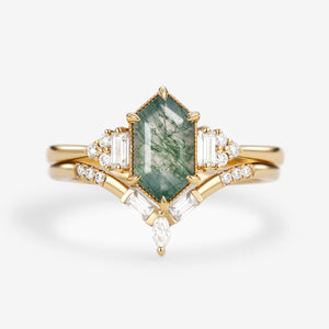 Long Hexagon Moss Agate Baguette Engagement Ring Set 2pcs.