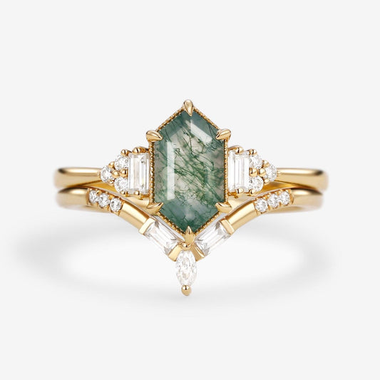 Long Hexagon Moss Agate Baguette Engagement Ring Set 2pcs.