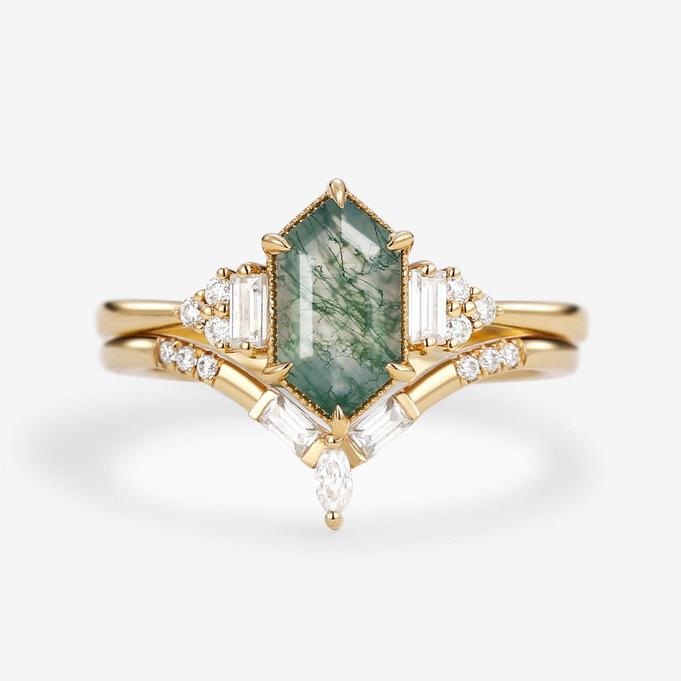 Long Hexagon Moss Agate Baguette Engagement Ring Set 2pcs.