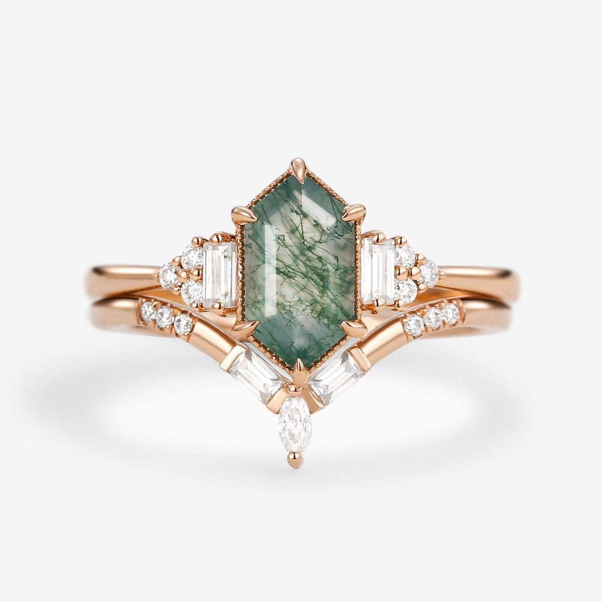 Long Hexagon Moss Agate Baguette Engagement Ring Set 2pcs.