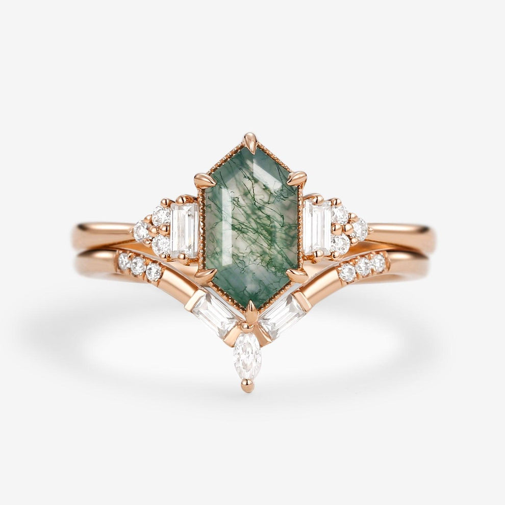 Long Hexagon Moss Agate Baguette Engagement Ring Set 2pcs.