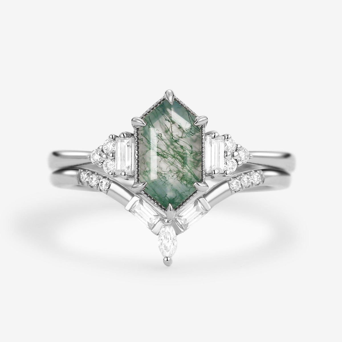 Long Hexagon Moss Agate Baguette Engagement Ring Set 2pcs.