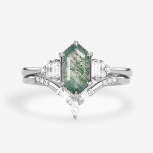 Long Hexagon Moss Agate Baguette Engagement Ring Set 2pcs.