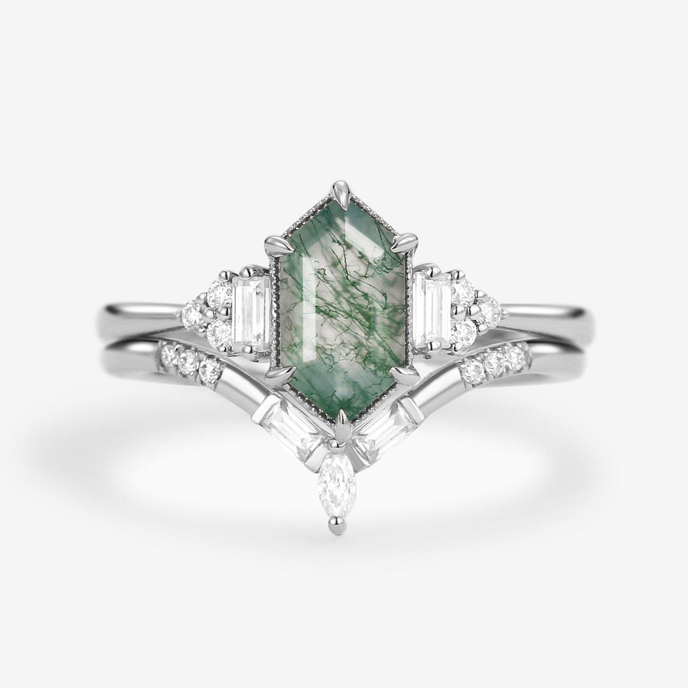 Long Hexagon Moss Agate Baguette Engagement Ring Set 2pcs.