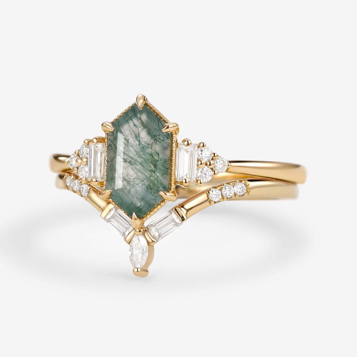 Long Hexagon Moss Agate Baguette Engagement Ring Set 2pcs.