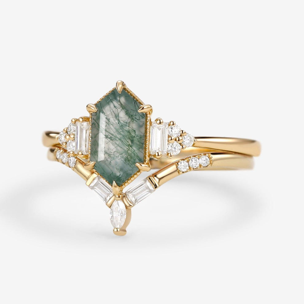 Long Hexagon Moss Agate Baguette Engagement Ring Set 2pcs.