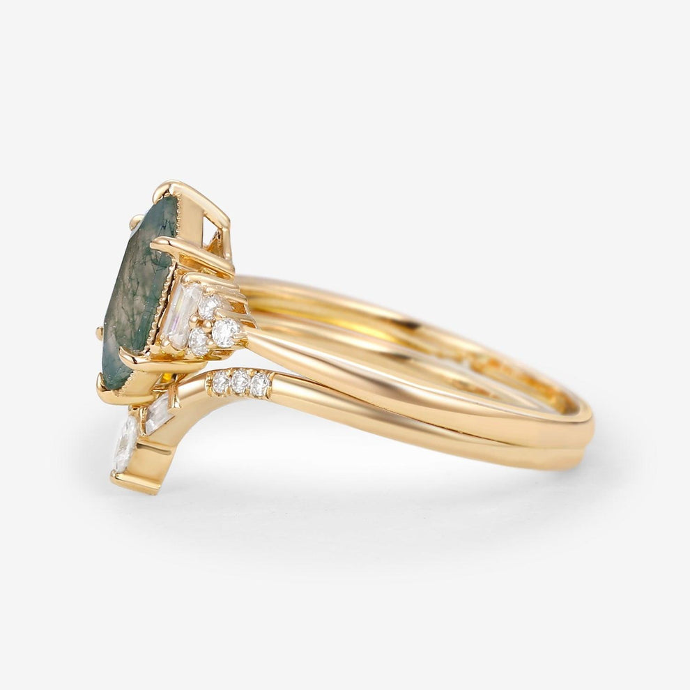 Long Hexagon Moss Agate Baguette Engagement Ring Set 2pcs.