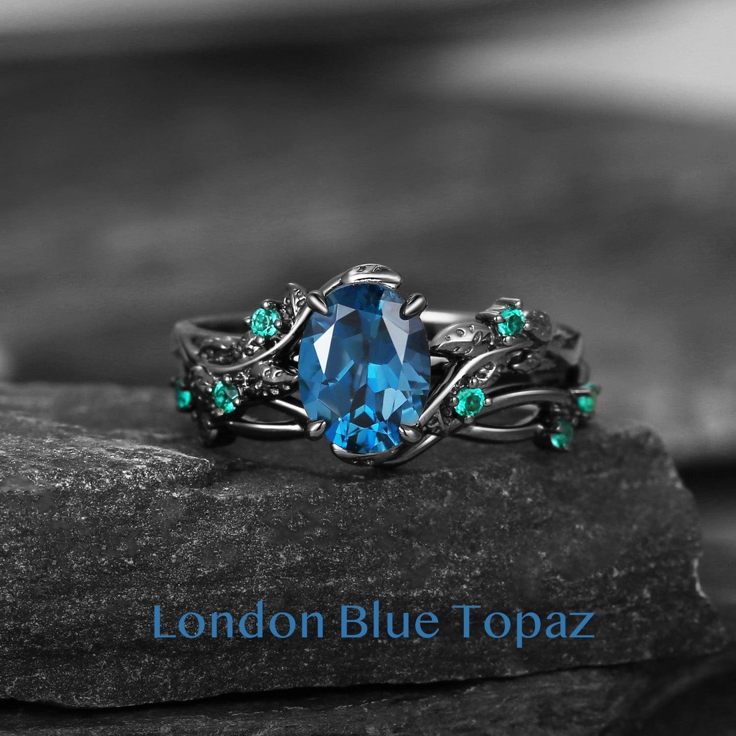 Sylvie’s Nocturne | Oval Cut Moss Agate Leafy Black Gold Ring Set 2pcs.