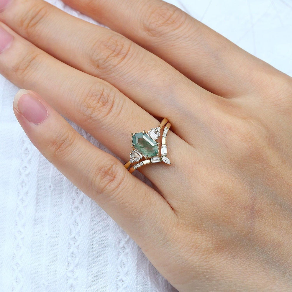 Long Hexagon Moss Agate Baguette Engagement Ring Set 2pcs.
