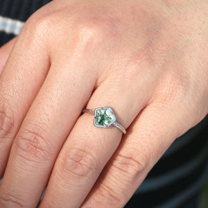 Unique Pentagon Moss Agate Leafy Bezel Engagement Ring.