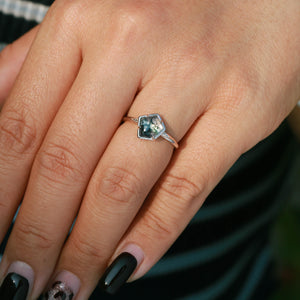 Unique Pentagon Moss Agate Leafy Bezel Engagement Ring.