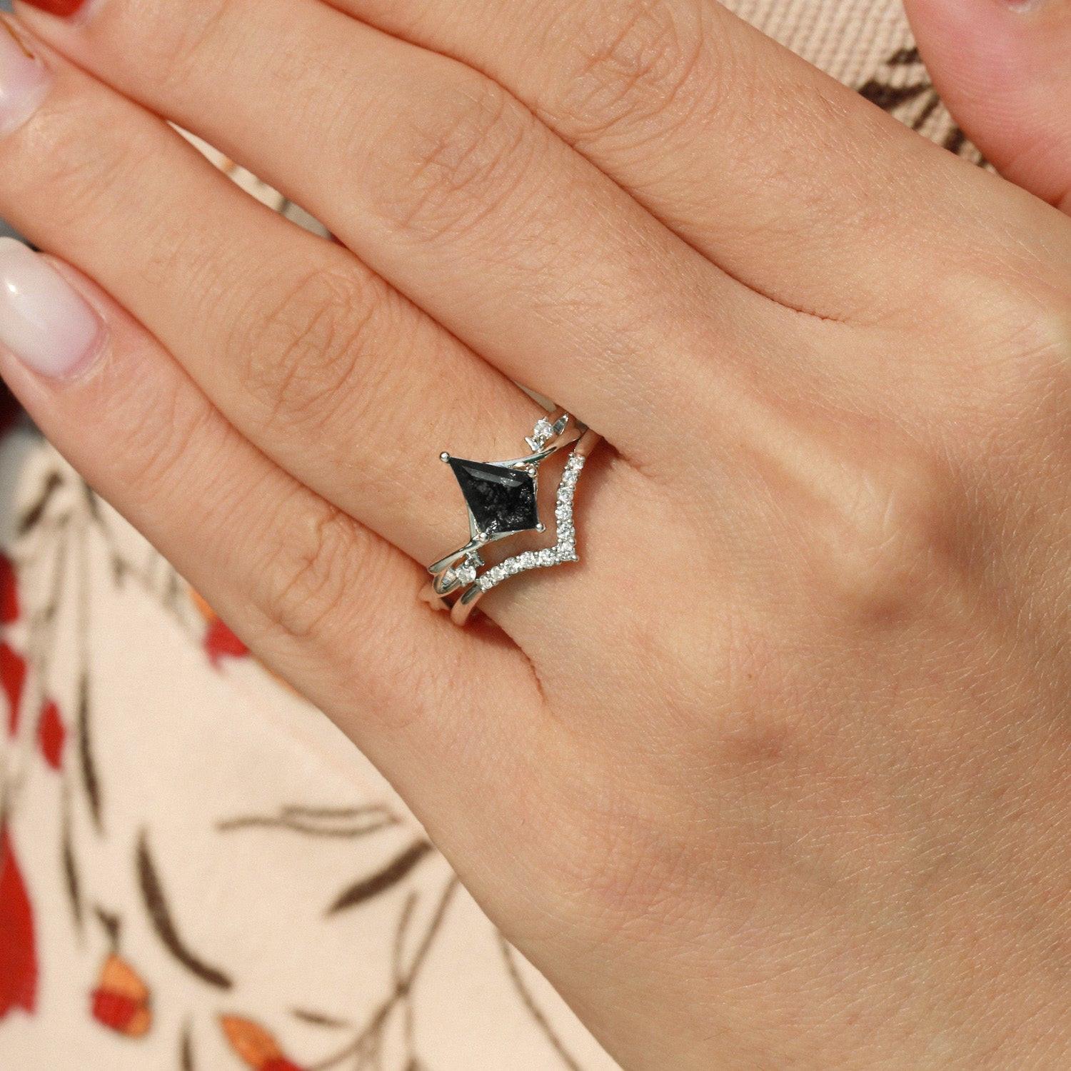 Branch Kite Cut Natural Moss Agate Minimalist Engagement Ring Sets 2pcs - Crest.