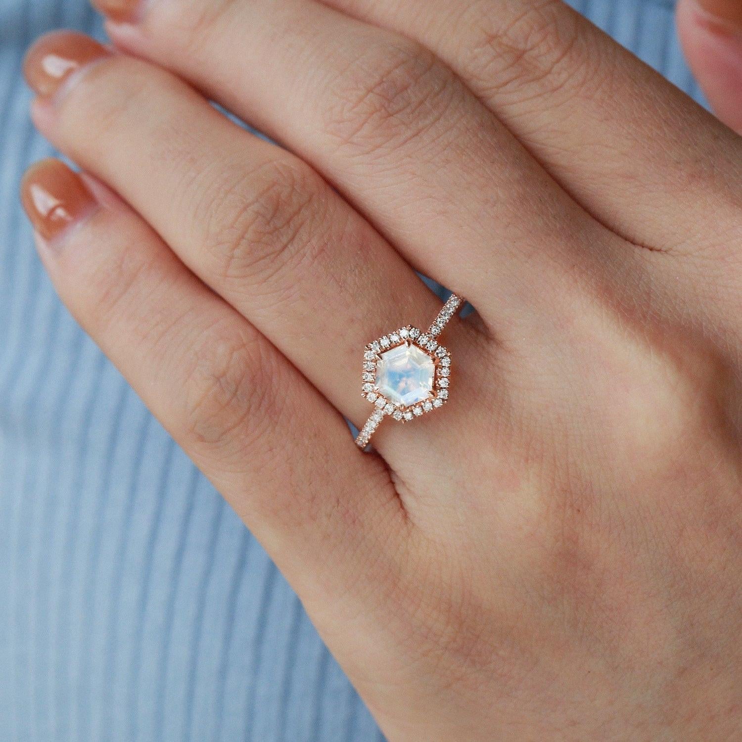 Vintage Hexagon Moonstone & Moissantie Halo Ring.