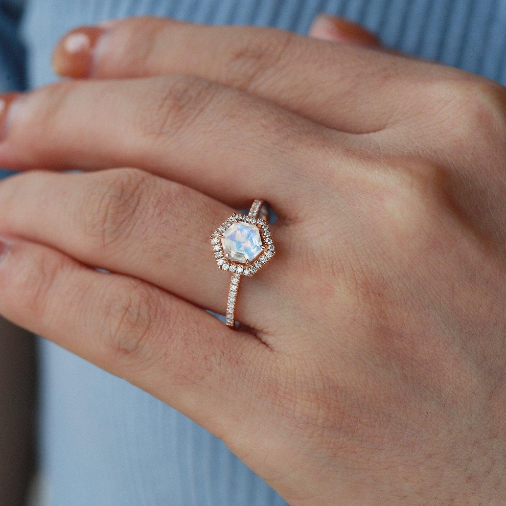 Vintage Hexagon Moonstone & Moissantie Halo Ring.