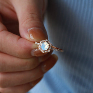 Vintage Hexagon Moonstone & Moissantie Halo Ring.