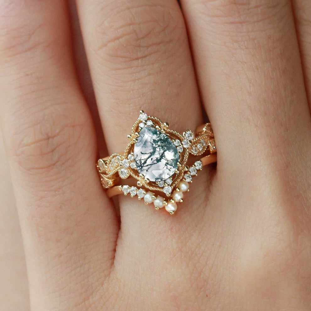 Nyx’s Eclipse | Black Gold Pear Moss Agate & Pearl Engagement Ring Set 2pcs.