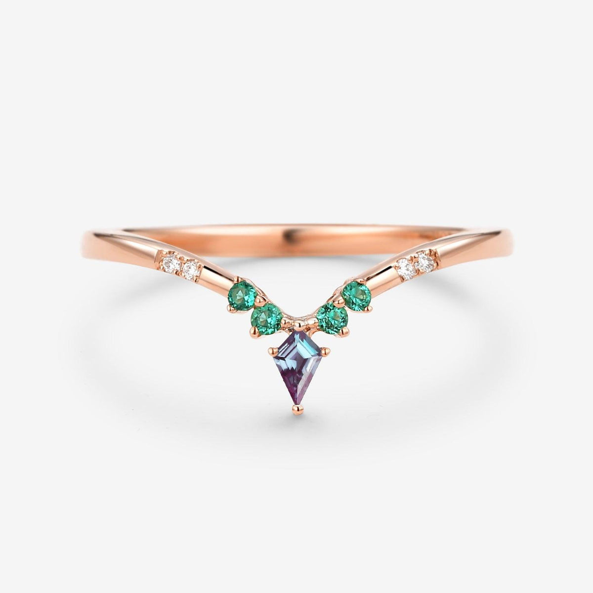 Alexandrite & Emerald & Moissanite  V Shaped Wedding Band.