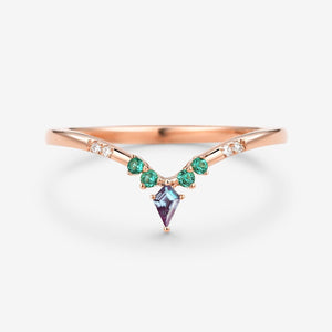 Alexandrite & Emerald & Moissanite  V Shaped Wedding Band.