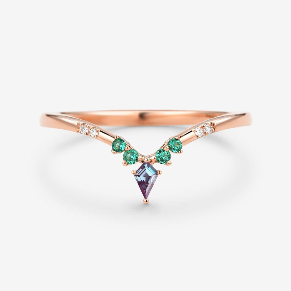 Alexandrite & Emerald & Moissanite  V Shaped Wedding Band.