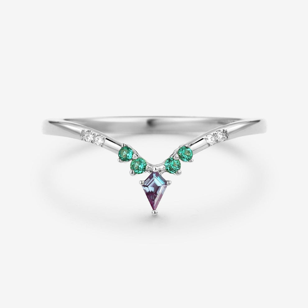 Alexandrite & Emerald & Moissanite  V Shaped Wedding Band.