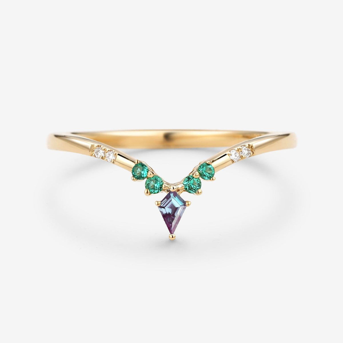 Alexandrite & Emerald & Moissanite  V Shaped Wedding Band.