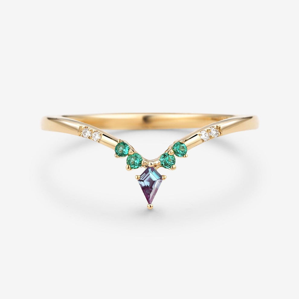 Alexandrite & Emerald & Moissanite  V Shaped Wedding Band.