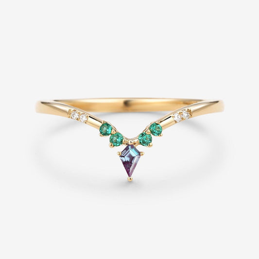 Alexandrite & Emerald & Moissanite  V Shaped Wedding Band.