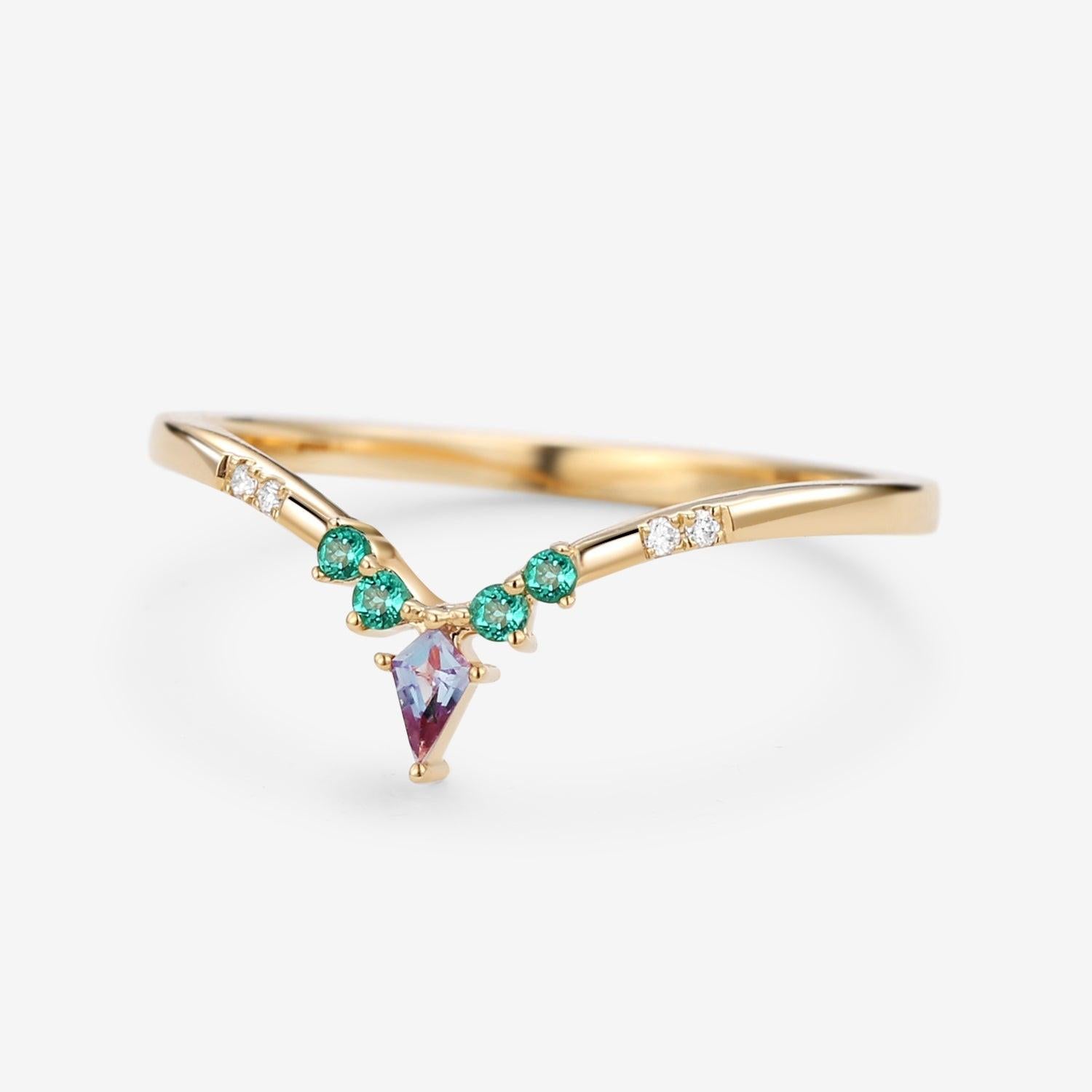 Alexandrite & Emerald & Moissanite  V Shaped Wedding Band.