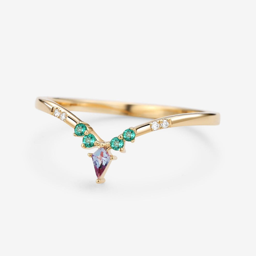 Alexandrite & Emerald & Moissanite  V Shaped Wedding Band.