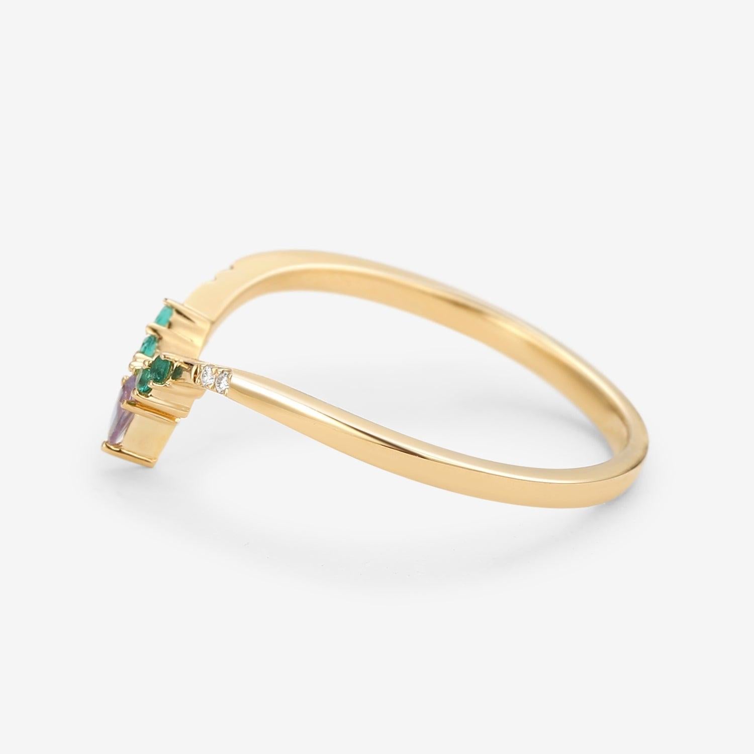 Alexandrite & Emerald & Moissanite  V Shaped Wedding Band.