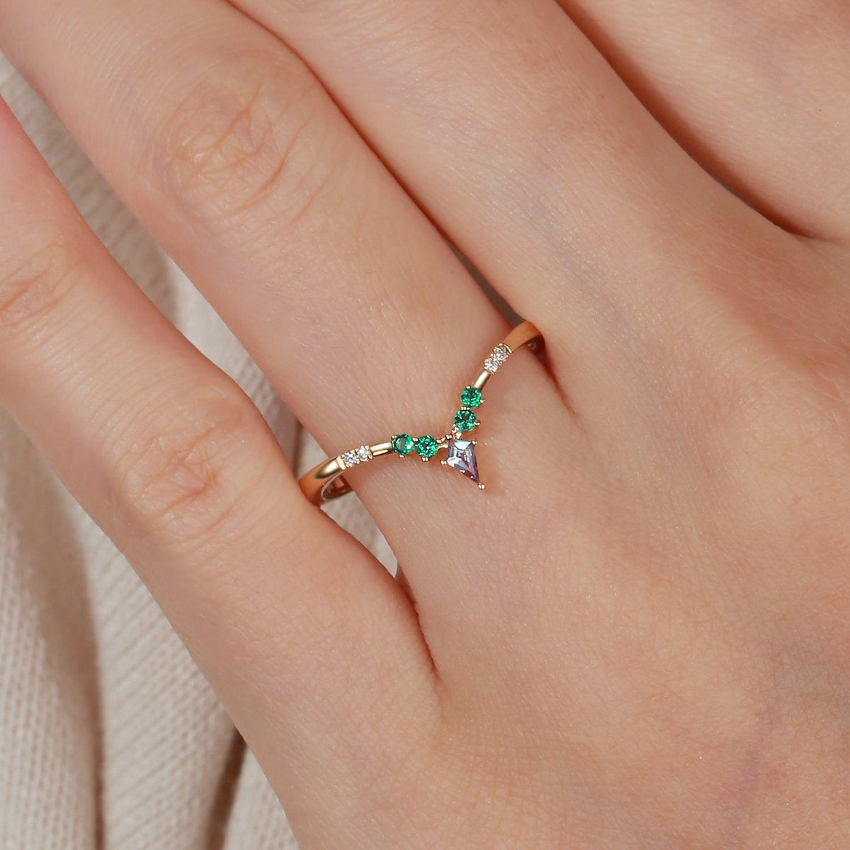 Alexandrite & Emerald & Moissanite  V Shaped Wedding Band.
