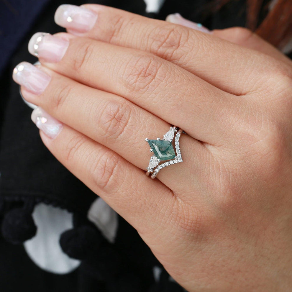 Nyx’s Trinity | Black Gold Kite Cut Moss Agate Three Stone Engagement Ring Set 2pcs.
