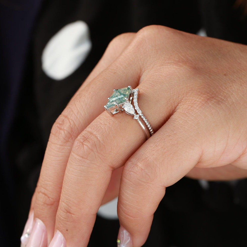 Delilah Kite Moss Agate Three Stones Engagement Ring Set 2pcs.